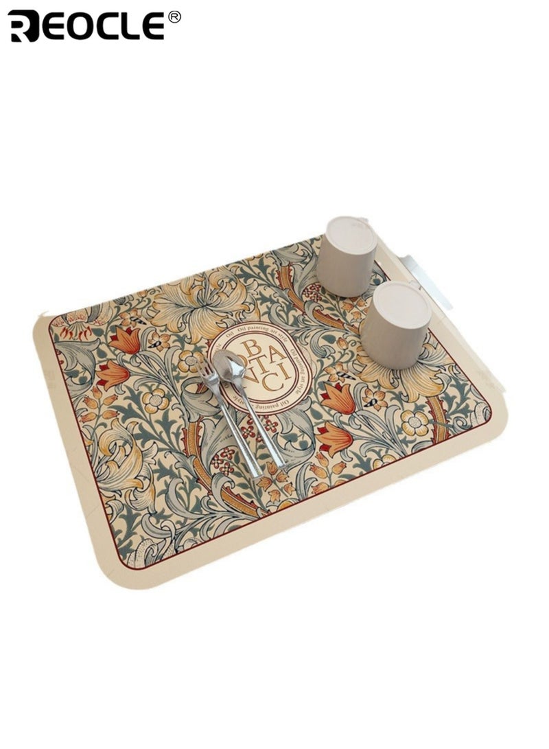 REOCLE Diatomite Dish Drying Mat with Floral Pattern and Quick Dry Design Washable Kitchen Mat with Non-Slip Base for Countertop Utensil Drying - Image 4