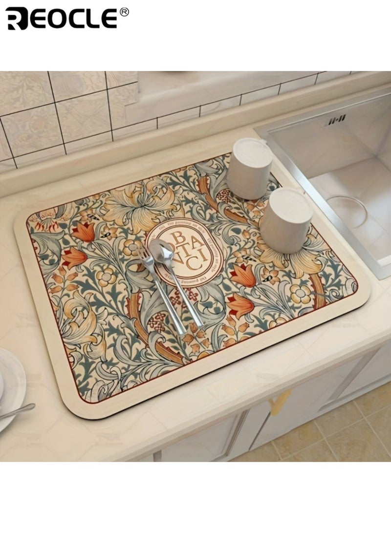 REOCLE Diatomite Dish Drying Mat with Floral Pattern and Quick Dry Design Washable Kitchen Mat with Non-Slip Base for Countertop Utensil Drying - Image 1