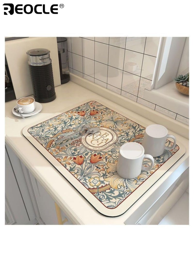 REOCLE Diatomite Dish Drying Mat with Floral Pattern and Quick Dry Design Washable Kitchen Mat with Non-Slip Base for Countertop Utensil Drying - Image 2