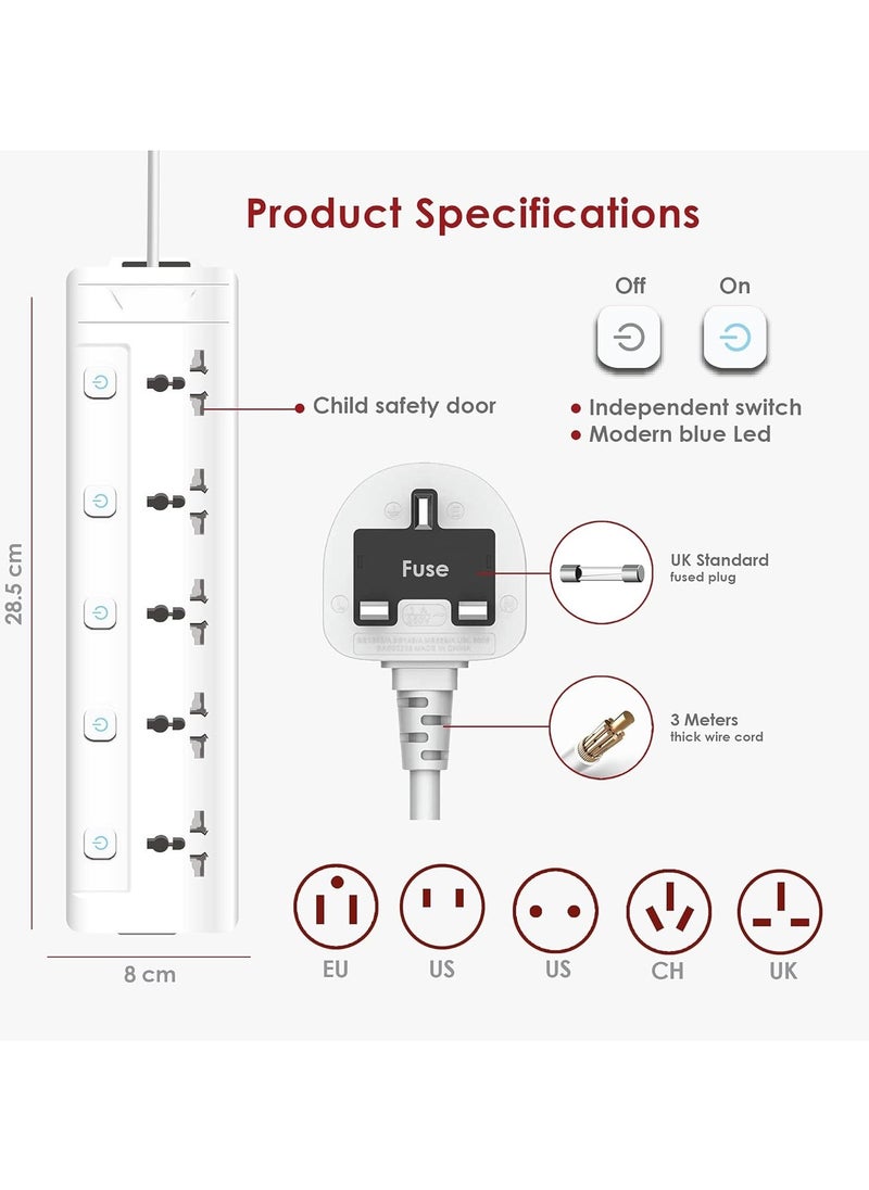 Generic 5 Way 3m Power Extension Cord 5 Universal Outlets Electrical Strip Uk Plug 3 Meters Cable 250v 2500w Surge Protector  - Image 3