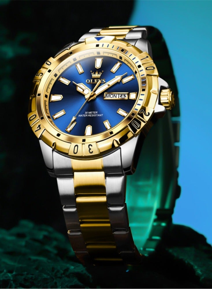 أوليفز Watches for Men Quartz Stainless Steel Water Resistant Watch Business 42mm Gold Blue Quartz Watches - Image 1