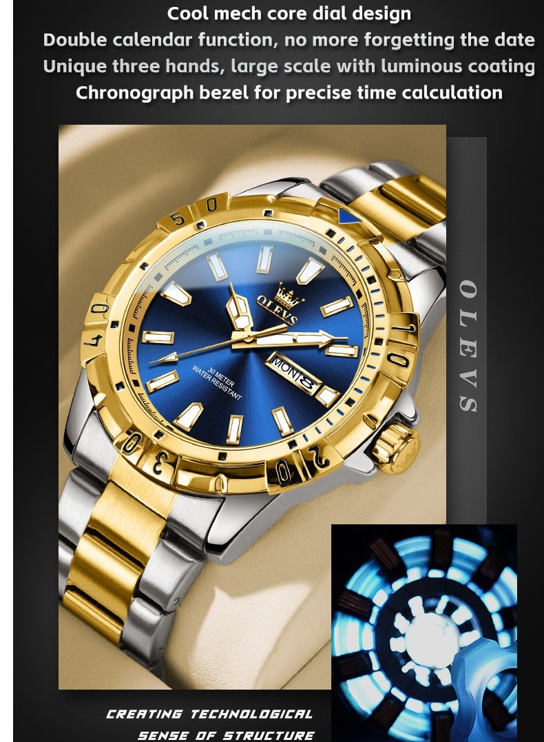 أوليفز Watches for Men Quartz Stainless Steel Water Resistant Watch Business 42mm Gold Blue Quartz Watches - Image 2