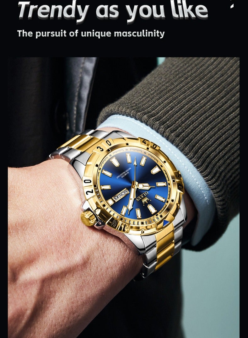 أوليفز Watches for Men Quartz Stainless Steel Water Resistant Watch Business 42mm Gold Blue Quartz Watches - Image 4