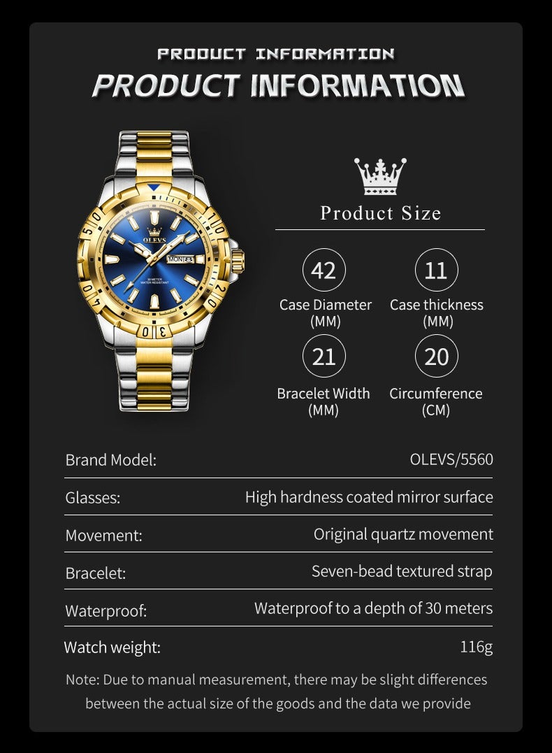 أوليفز Watches for Men Quartz Stainless Steel Water Resistant Watch Business 42mm Gold Blue Quartz Watches - Image 5