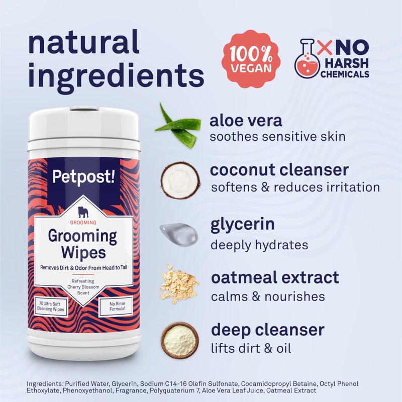 Petpost Large Grooming Wipes for Dogs | 70 Count Deodorizing Dog Cleaning Wipes with Coconut Extract & Aloe | Gentle Pet Wipes with Cherry Blossom Scent for Full-Body Grooming - Image 3