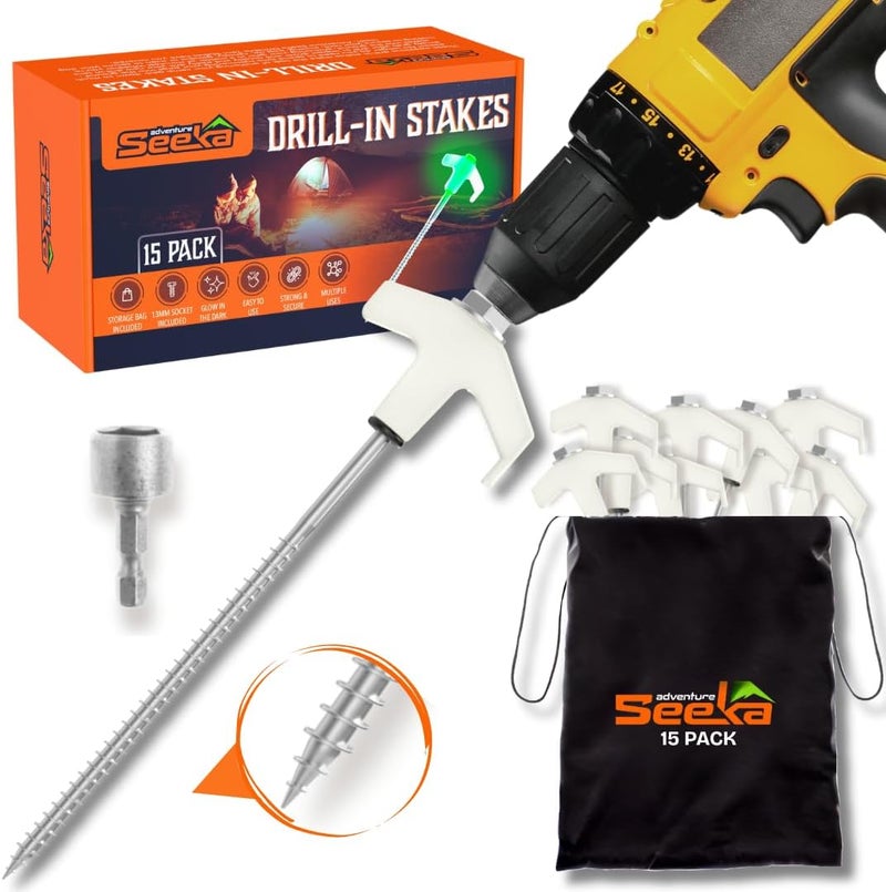 Adventure Seeka 15-Pack 8" Heavy Duty Screw in Tent Stakes, Drill-In Ground Anchor Pegs, Includes Hex Head Driver & Storage Bag - Image 1