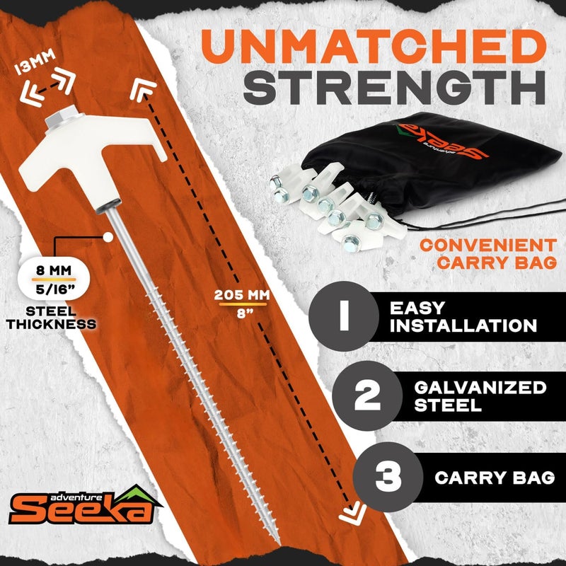 Adventure Seeka 15-Pack 8" Heavy Duty Screw in Tent Stakes, Drill-In Ground Anchor Pegs, Includes Hex Head Driver & Storage Bag - Image 3
