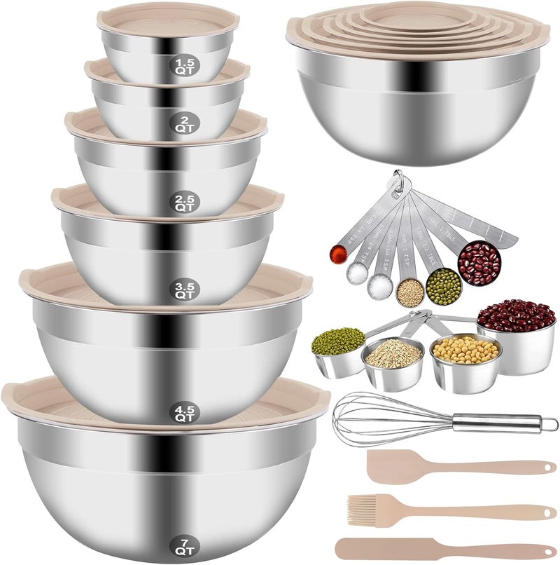 WEPSEN Mixing Bowls Set, 27PCS Khaki Mixing Bowls With Lids Set Stainless Steel Kitchen Large Nesting Metal Bowl 7QT to 1.5QT, Measuring Cups and Spoons for Prepping Cooking Serving - Image 1