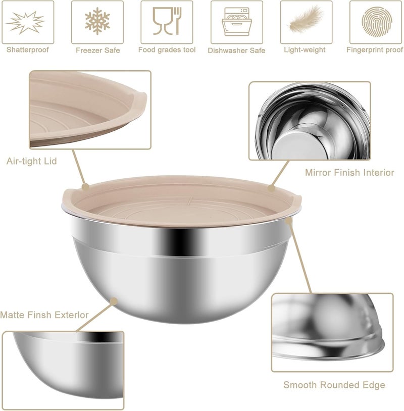 WEPSEN Mixing Bowls Set, 27PCS Khaki Mixing Bowls With Lids Set Stainless Steel Kitchen Large Nesting Metal Bowl 7QT to 1.5QT, Measuring Cups and Spoons for Prepping Cooking Serving - Image 5