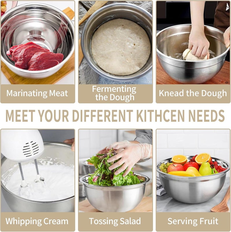WEPSEN Mixing Bowls Set, 27PCS Khaki Mixing Bowls With Lids Set Stainless Steel Kitchen Large Nesting Metal Bowl 7QT to 1.5QT, Measuring Cups and Spoons for Prepping Cooking Serving - Image 4
