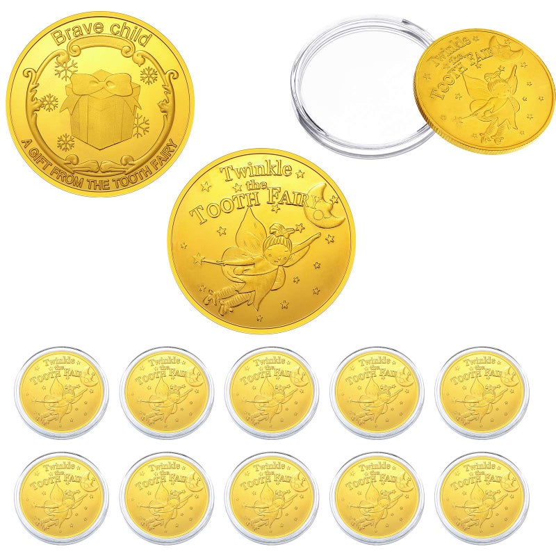 Tooth Fairy Gold Coins for Kids Boys Girls Lost Teeth Reward Commemorative Coin Tooth Fairy Golden Coin with Plastic Case No Fading Tooth Fairy Commemorative Coin for Lost Tooth Kids 10 Pieces