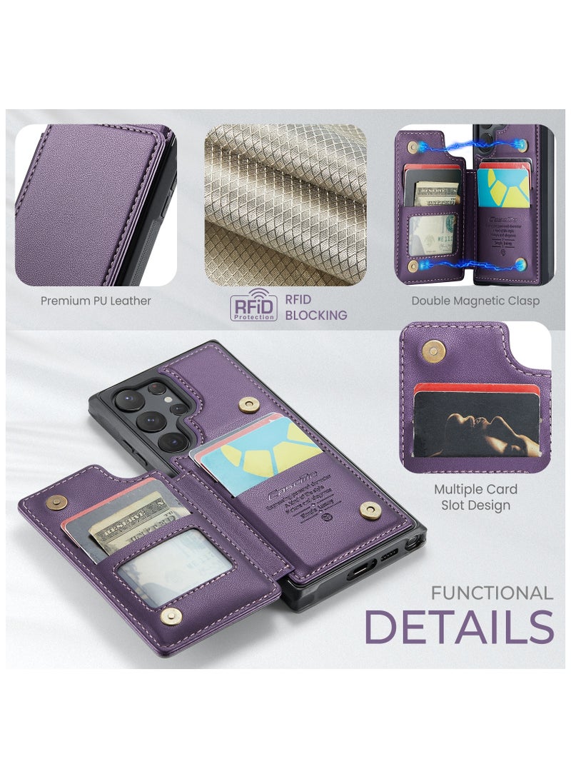 CaseMe Wallet Case for Samsung Galaxy S23 Ultra, Premium Handmade Durable PU Leather Slim Shockproof Case with [Double Magnetic Clasp] [Card Holder] [Kickstand] [RFID Blocking] (Purple)  - Image 4