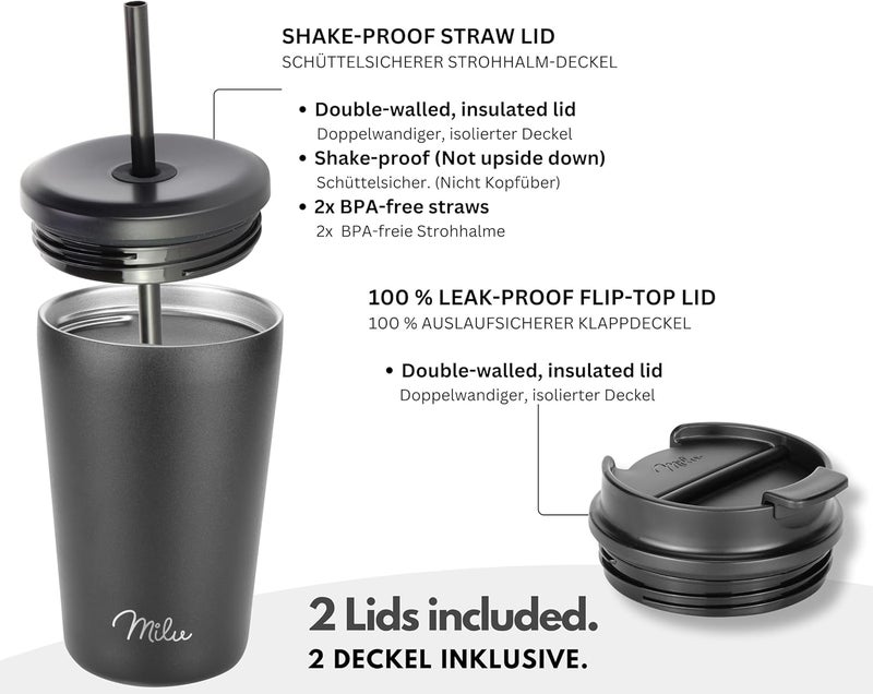 Milu Thermal Mug 300 ml, 400 ml, 500 ml - 100% Leak-Proof - Stainless Steel Coffee Mug to Go Insulated with Straw Keeps Hot for 10 Hours / 20 Hours Cold, BPA-Free (Black, 400 ml) - Image 2