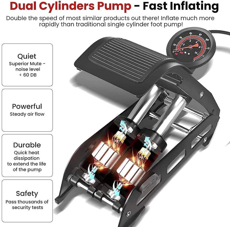Kriq Double Cylinder Portable Foot Pump | Air Tyre Infiltrator with Pressure Gauge for | Car Tyre |Bicycle Tyre | Bike Tyre's | Motorcycle Tyre | Balls (Multi-Color) - Image 5