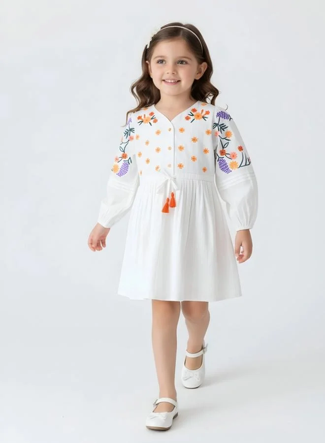 Bella Moda Girls White Floral Embroidered Fit and Flare Knee-Length Dress
