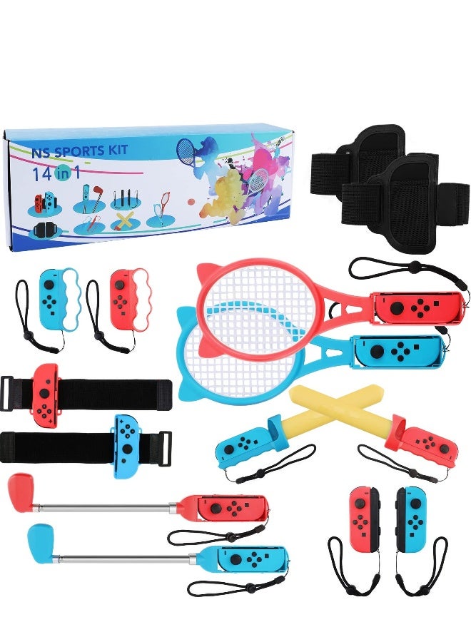 14-in-1 Sports Accessories Bundle for Nintendo Switch - Includes Tennis Rackets, Swords, Golf Clubs, Boxing Grips, and Leg/Wrist Straps for Enhanced Gaming Experience.  - Image 1