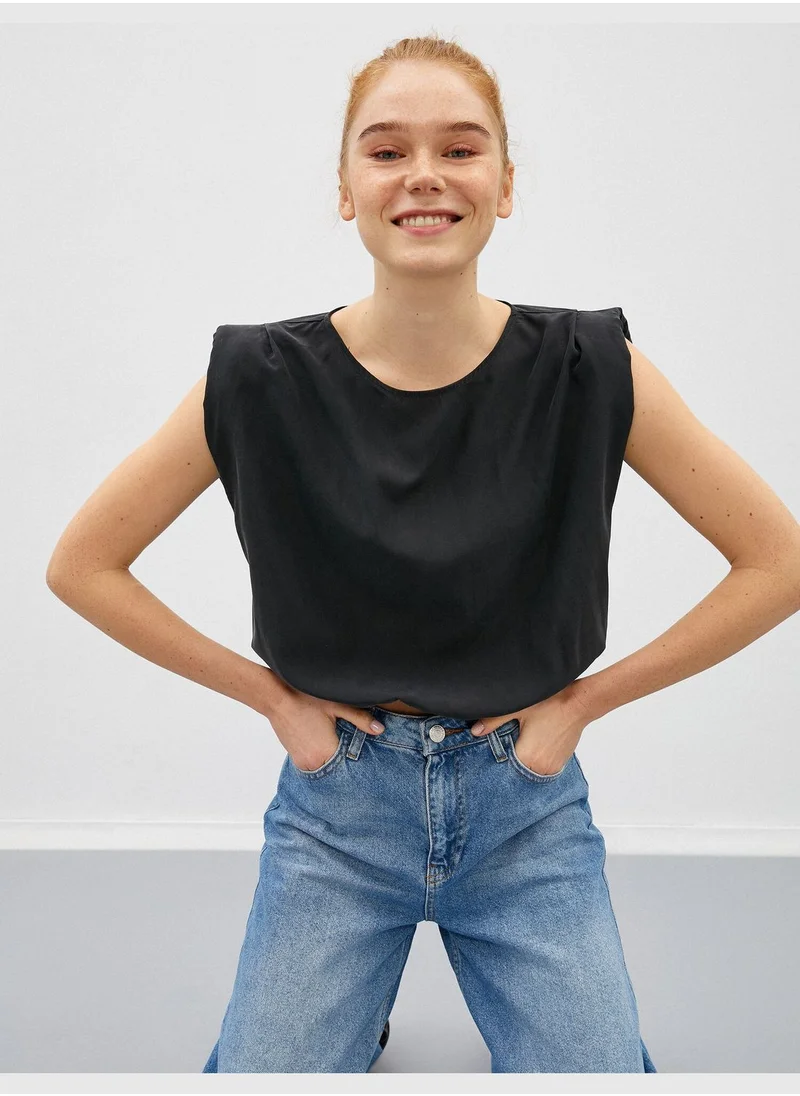 كوتون Shoulder Pad Blouse Crew Neck Short Sleeve