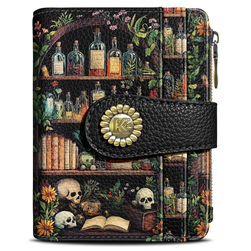Kelvoris Bookshelves Skull Goth Gothic Small Rfid Women Wallet Bifold Zipper Coin Pocket PU Leather Compact Cash Credit Card Holder Travel Wallet Female Ladies Teen Girls 1 ID Window 10 Card Slots - Image 1