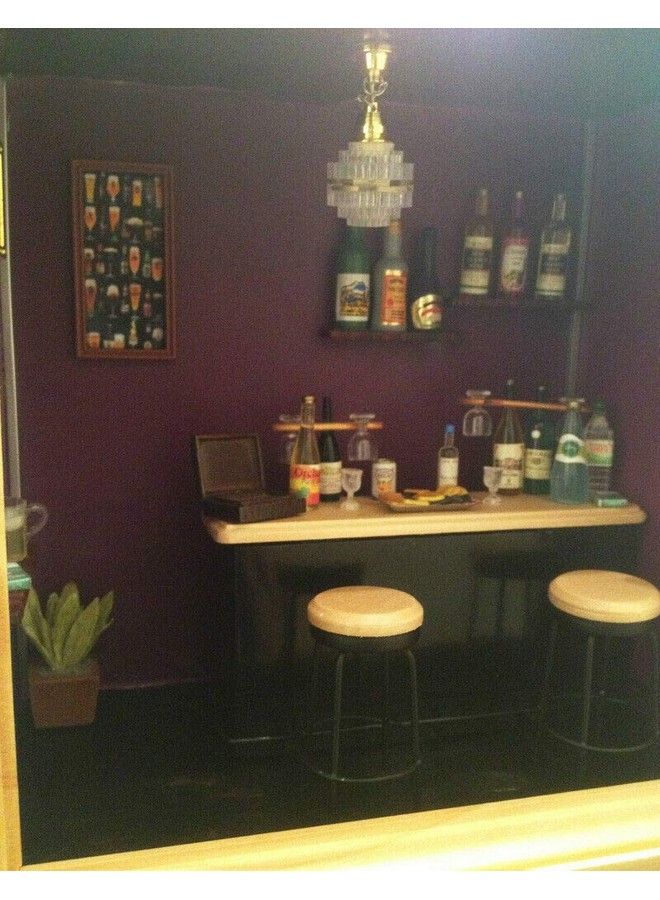 Posee Dollhouse Taproom Bar Counter with 2 Stools 1:12 Miniature Furniture Decor - Image 5