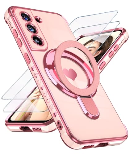 Liufcx for Samsung Galaxy S21 Love Heart Kickstand Case with 2X Screen Protector: Luxury Plated Gold Edge Slim Soft TPU Shockproof Protection Case Cover for Galaxy S21 (Pink) - Image 1
