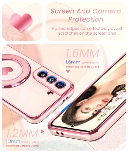 Liufcx for Samsung Galaxy S21 Love Heart Kickstand Case with 2X Screen Protector: Luxury Plated Gold Edge Slim Soft TPU Shockproof Protection Case Cover for Galaxy S21 (Pink) - Image 3