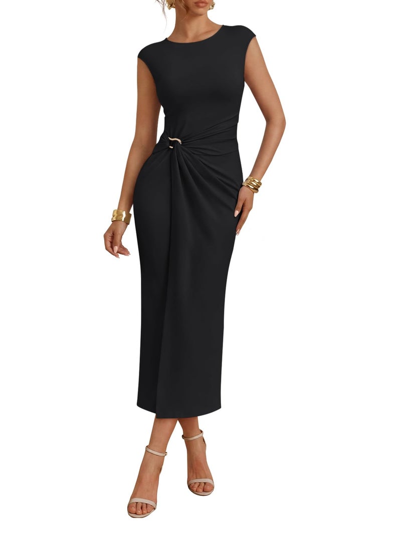 LILLUSORY Women's 2026 Summer Bodycon Midi Dress Wedding Guest Elegant Ruched Split Party Cocktail Business Casual Dresses Fashion Slim Fit Trendy Cruise Outfits Black S - Image 1