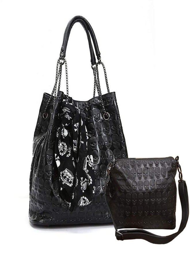 Chikencall® Womens Skull Print Hobo Tote PU Leather Shoulder Bag Punk Handbag and purses 2 sets - Image 1