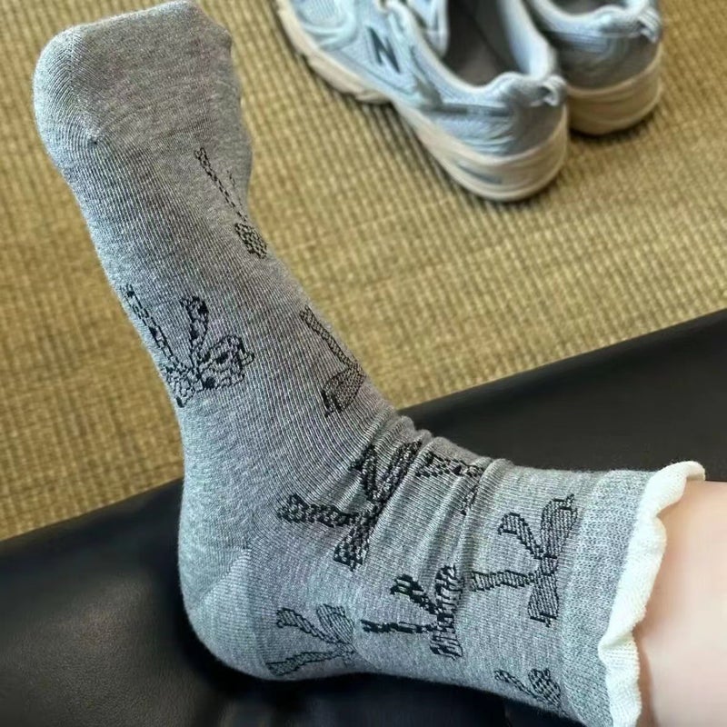 Chic Butterfly Knot Mid-Calf Socks Autumn Casual Grey  - Image 5