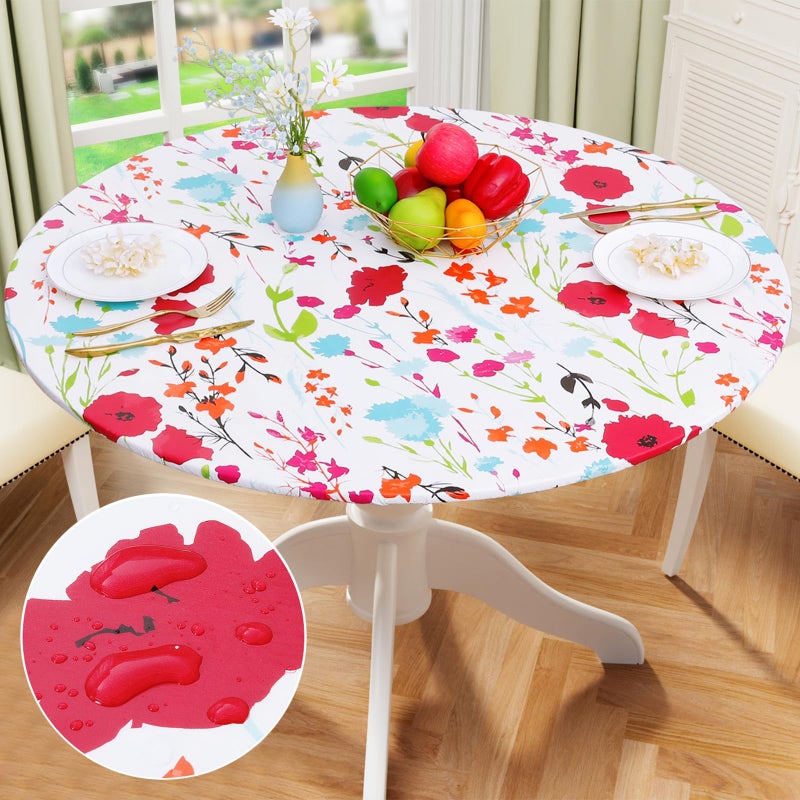 misaya Round Fitted Tablecloth with Elastic Edge 100 Waterproof Oil Proof Plastic Table Cover Vinyl Flannel Backed Table Cloth Fits 4556 Round Tables for Dinner Outdoor Picnic Flowers