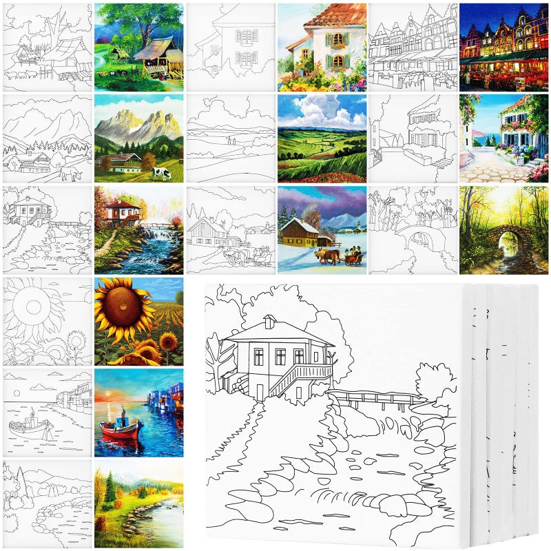 Teling 12 Pcs Pre Drawn Stretched Canvas Kit for Adults Painting Pre Printed Canvas Outline for DIY Painting Party Favor6 x 6 x 06 InchesLandscape