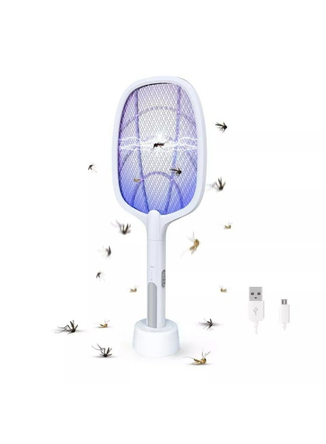 3-in-1 jumbo electric mosquito swatter with a charging base and wall mount. Features a UV light decoy to attract insects and convenient USB recharging. - Image 1