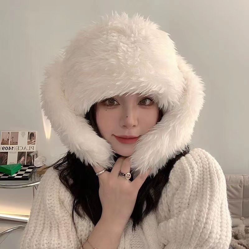 Hat Womens Plush Rabbit Long Ear Solid Color Lei Feng Hat Autumn and Winter Cute Warm Pullover Cap Korean Style Face Shown Small Hat White - Image 3