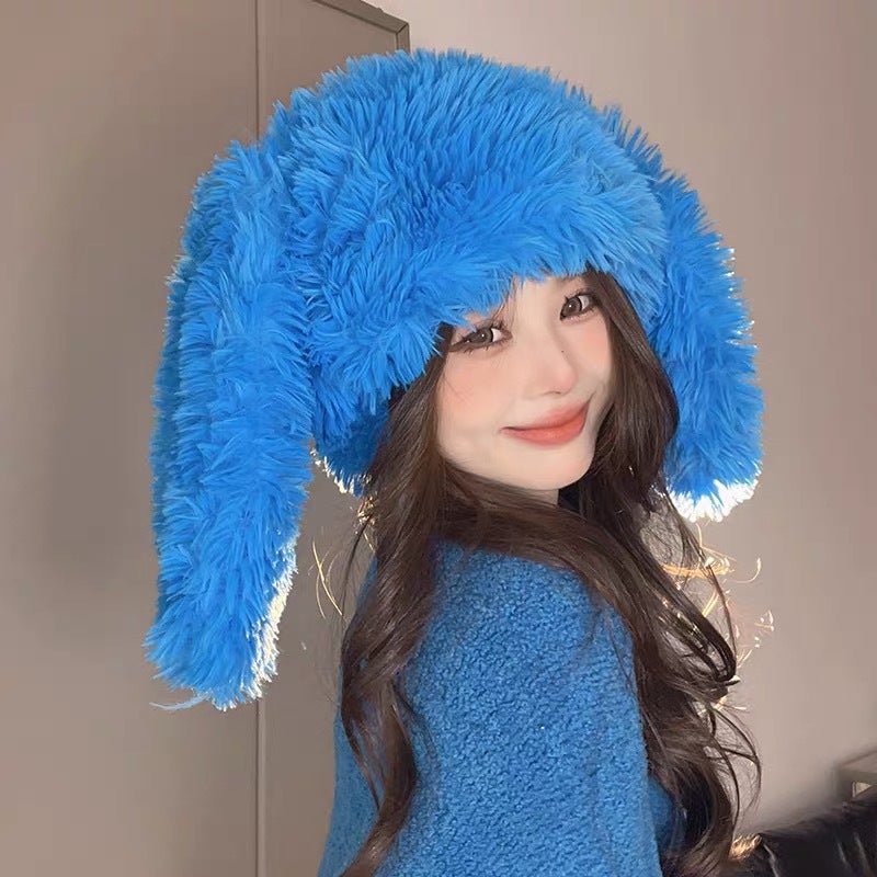 Hat Womens Plush Rabbit Long Ear Solid Color Lei Feng Hat Autumn and Winter Cute Warm Pullover Cap Korean Style Face Shown Small Hat White - Image 4