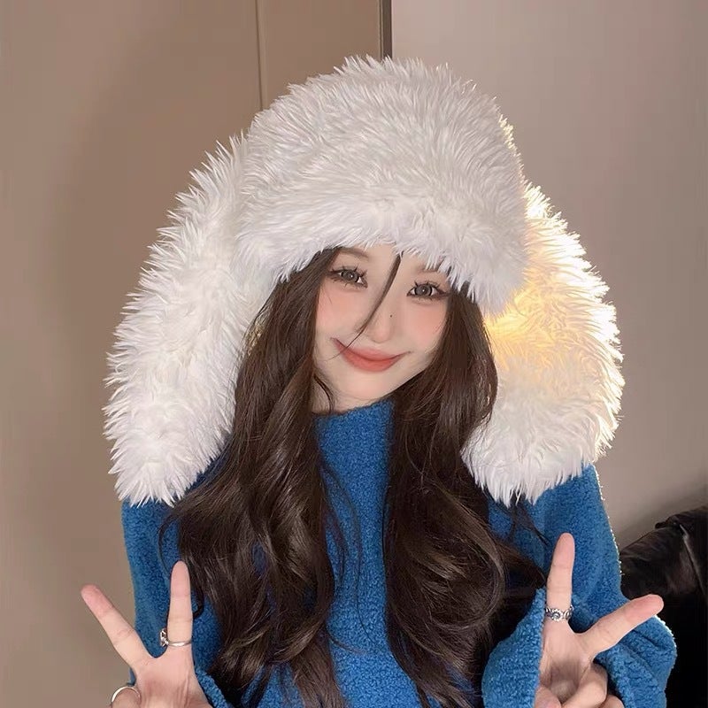 Hat Womens Plush Rabbit Long Ear Solid Color Lei Feng Hat Autumn and Winter Cute Warm Pullover Cap Korean Style Face Shown Small Hat White - Image 1