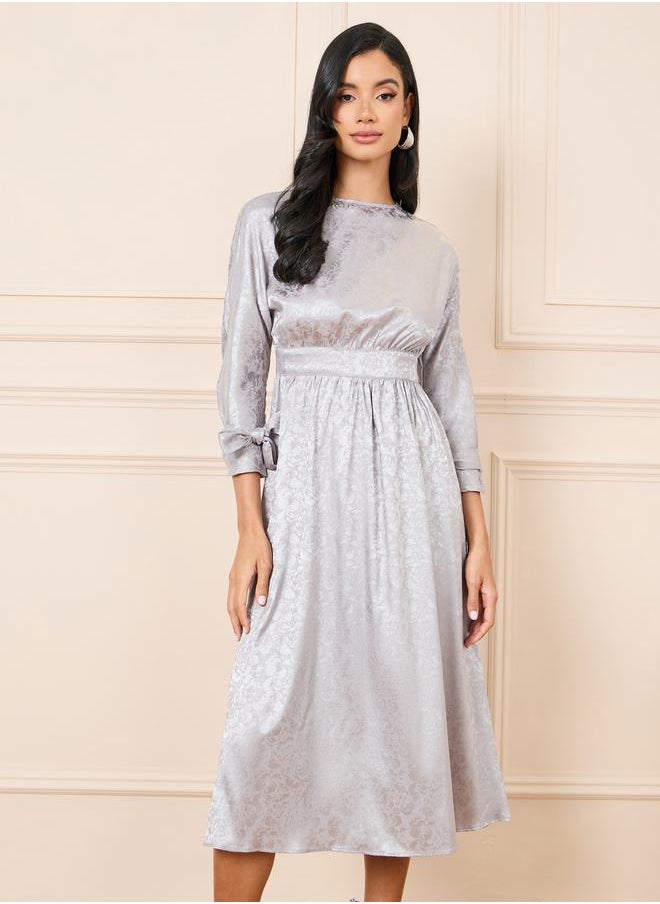Styli Jacquard Print Tie Up Sleeves A-Line Midi Dress  - Image 2