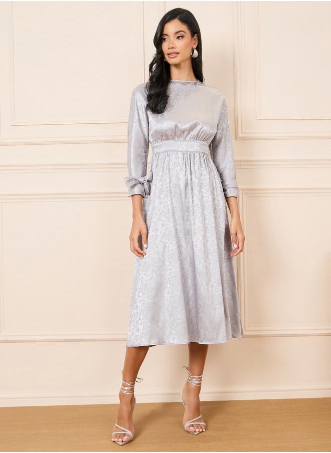 Styli Jacquard Print Tie Up Sleeves A-Line Midi Dress  - Image 1