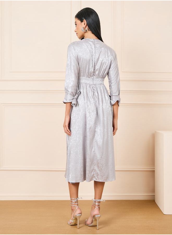 Styli Jacquard Print Tie Up Sleeves A-Line Midi Dress  - Image 4