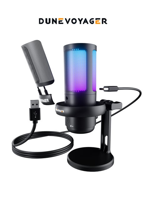 Gaming Microphone with Quick Mute Button, Gradient RGB Lighting, Real-Time Monitoring, Cardioid Pickup, HiFi Noise Cancellation, 240bit 192kHz Sampling Rate, Plug and Play, Includes Metal Pop Filter