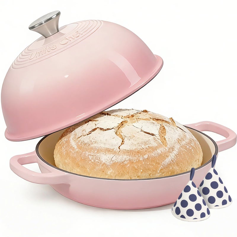Umite Chef Cast Iron Dutch Oven Pot with Lid, Round Bread Oven for Sourdough Bread Baking, Umite Chef Enameled Cast Iron Bread Oven with Dome Lid & Cotton Potholders for Sourdough, Pink, 6 Quarts - Image 1