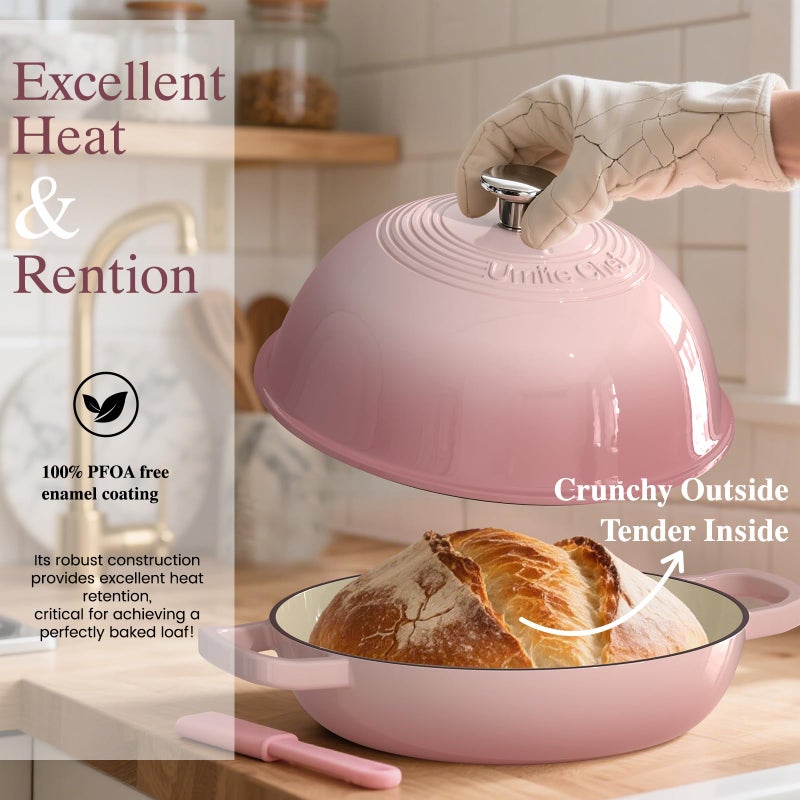 Umite Chef Cast Iron Dutch Oven Pot with Lid, Round Bread Oven for Sourdough Bread Baking, Umite Chef Enameled Cast Iron Bread Oven with Dome Lid & Cotton Potholders for Sourdough, Pink, 6 Quarts - Image 4