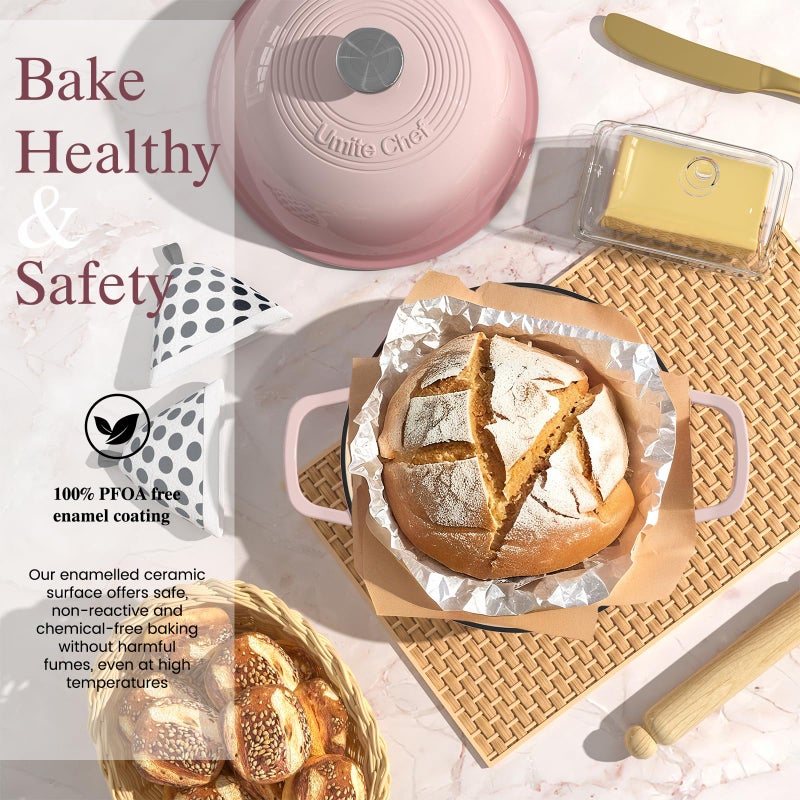 Umite Chef Cast Iron Dutch Oven Pot with Lid, Round Bread Oven for Sourdough Bread Baking, Umite Chef Enameled Cast Iron Bread Oven with Dome Lid & Cotton Potholders for Sourdough, Pink, 6 Quarts - Image 2
