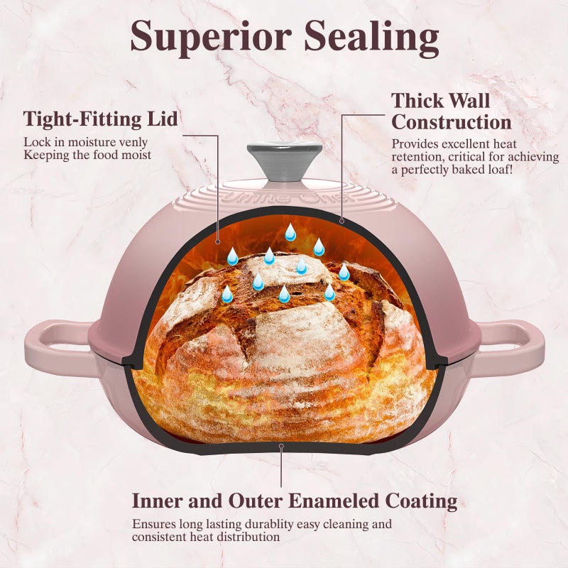 Umite Chef Cast Iron Dutch Oven Pot with Lid, Round Bread Oven for Sourdough Bread Baking, Umite Chef Enameled Cast Iron Bread Oven with Dome Lid & Cotton Potholders for Sourdough, Pink, 6 Quarts - Image 5