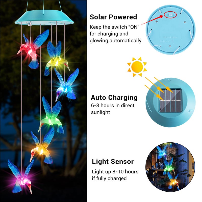 Zeiliuled Solar Hummingbird Gift for Mom Grandma Girls, Color Changing Solar Wind Chimes for Outside, Outdoor Decorative Mobile Lights for Garden, Patio, Window, Party Decors, Gift for Women - Image 4