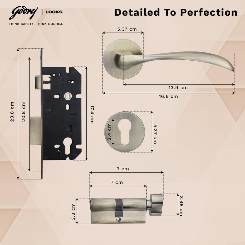 Godrej Locking Solutions and Systems Godrej Mortise Lock Handle Lock Set for Main Bedroom Door Remo Rossette Home Dcor Handle Antique Brass Finish 70 mm 1CK Cylinder Knob from Inside and with 3 Keyswith 5year Warranty  - Image 5