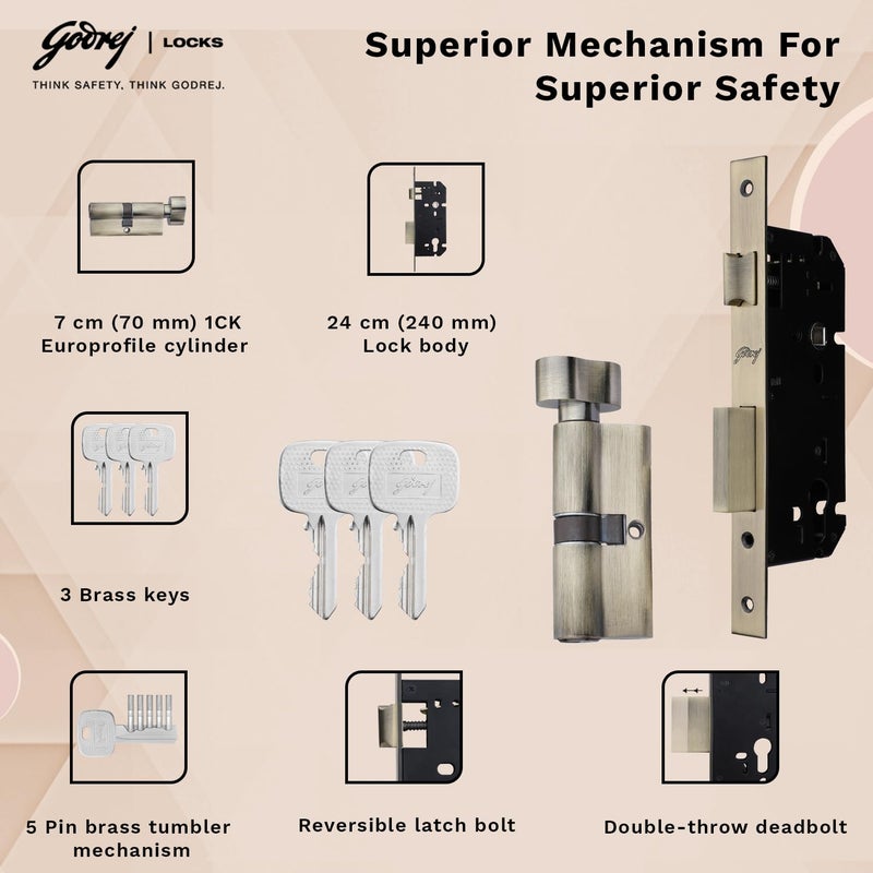 Godrej Locking Solutions and Systems Godrej Mortise Lock Handle Lock Set for Main Bedroom Door Remo Rossette Home Dcor Handle Antique Brass Finish 70 mm 1CK Cylinder Knob from Inside and with 3 Keyswith 5year Warranty  - Image 3
