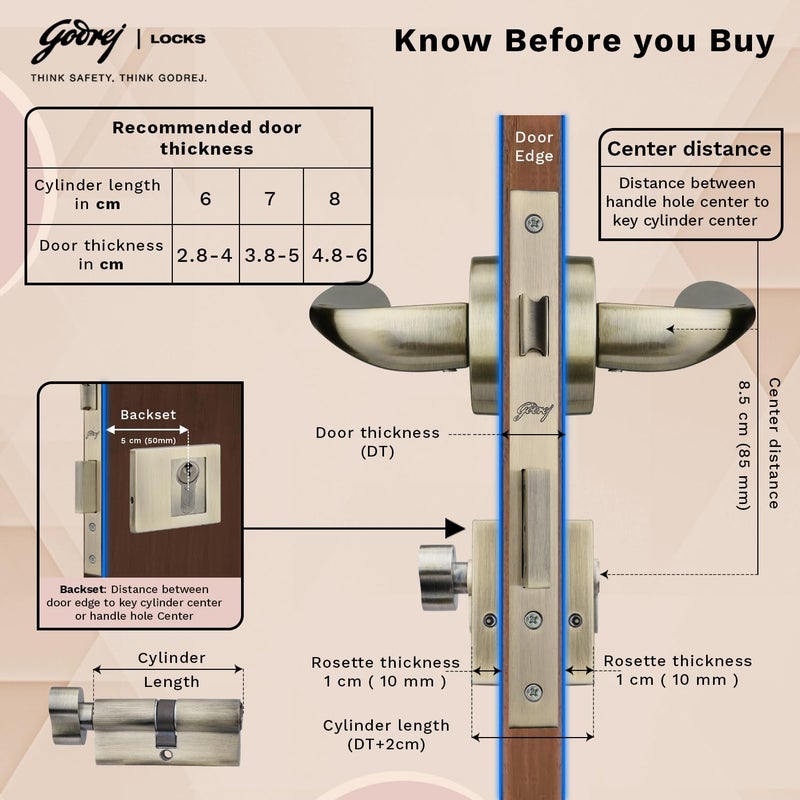 Godrej Locking Solutions and Systems Godrej Mortise Lock Handle Lock Set for Main Bedroom Door Remo Rossette Home Dcor Handle Antique Brass Finish 70 mm 1CK Cylinder Knob from Inside and with 3 Keyswith 5year Warranty  - Image 4
