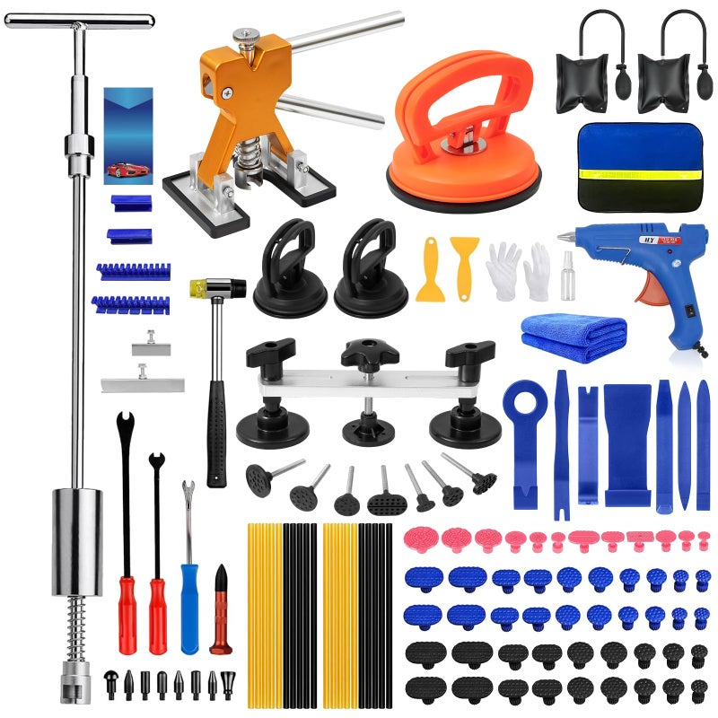 129pcs Dent Puller Kit Paintless Dent Repair Kit for Dent Removal Paintless Dent Removal Kit with TBar Bridge Puller Golden Lifter Car Dent Puller Kit for Hail Damage Door Ding Fridge