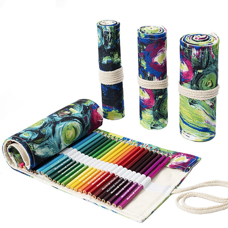 Canvas Roll-Up Pencil Case Large Capacity 72 Slots Ink painting