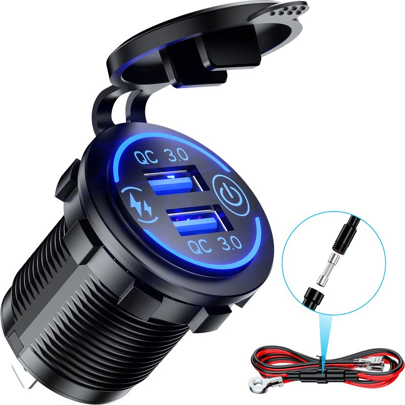 Kewig Quick Charge 30 Dual USB Charger Socket Waterproof 36W 12V 24V USB Outlet Fast Charge with Touch Switch  Blue LED DIY Kit for Car Boat Marine ATV Bus Truck Golf Cart and More