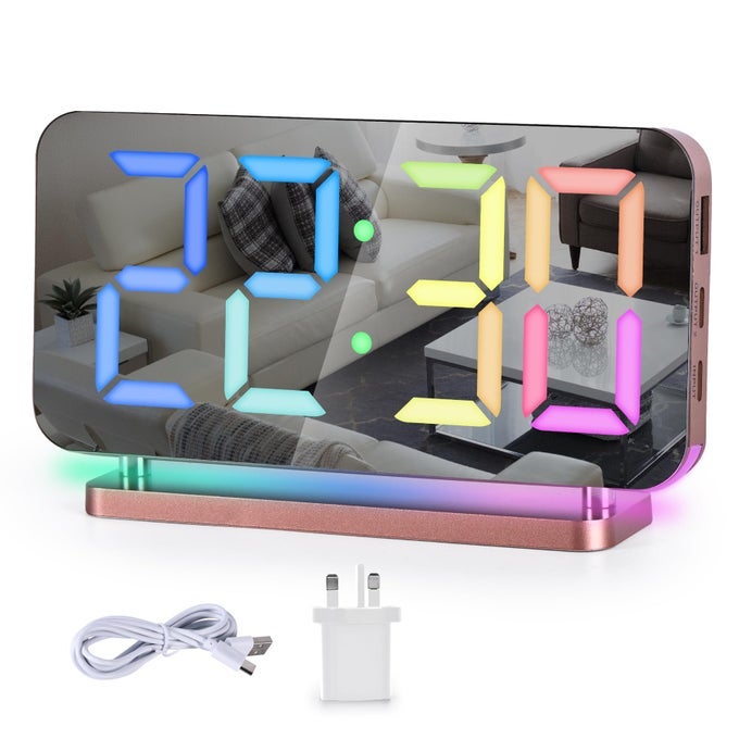 DIGITAL CLOCKALARM CLOCK BEDSIDE74LED MIRROR WITH 10 MODES RGB NIGHT LIGHT11 COLORS LED DISPLAYAUTO DIMMINGUSB C CHARGING PORT5 LEVELS VOLUME DESK BEDROOM TEENS ROSE GOLD